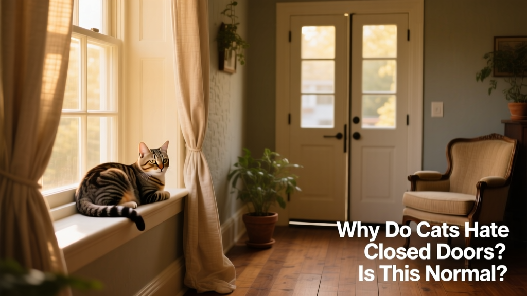 A cat calmly resting on a window perch inside a cozy, well-appointed room with the door gently closed