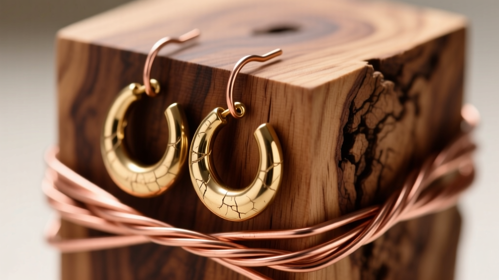 Close-up of 16-gauge copper wire woven through a raw edge walnut wood block, holding heavy textured brass hoop earrings securely.