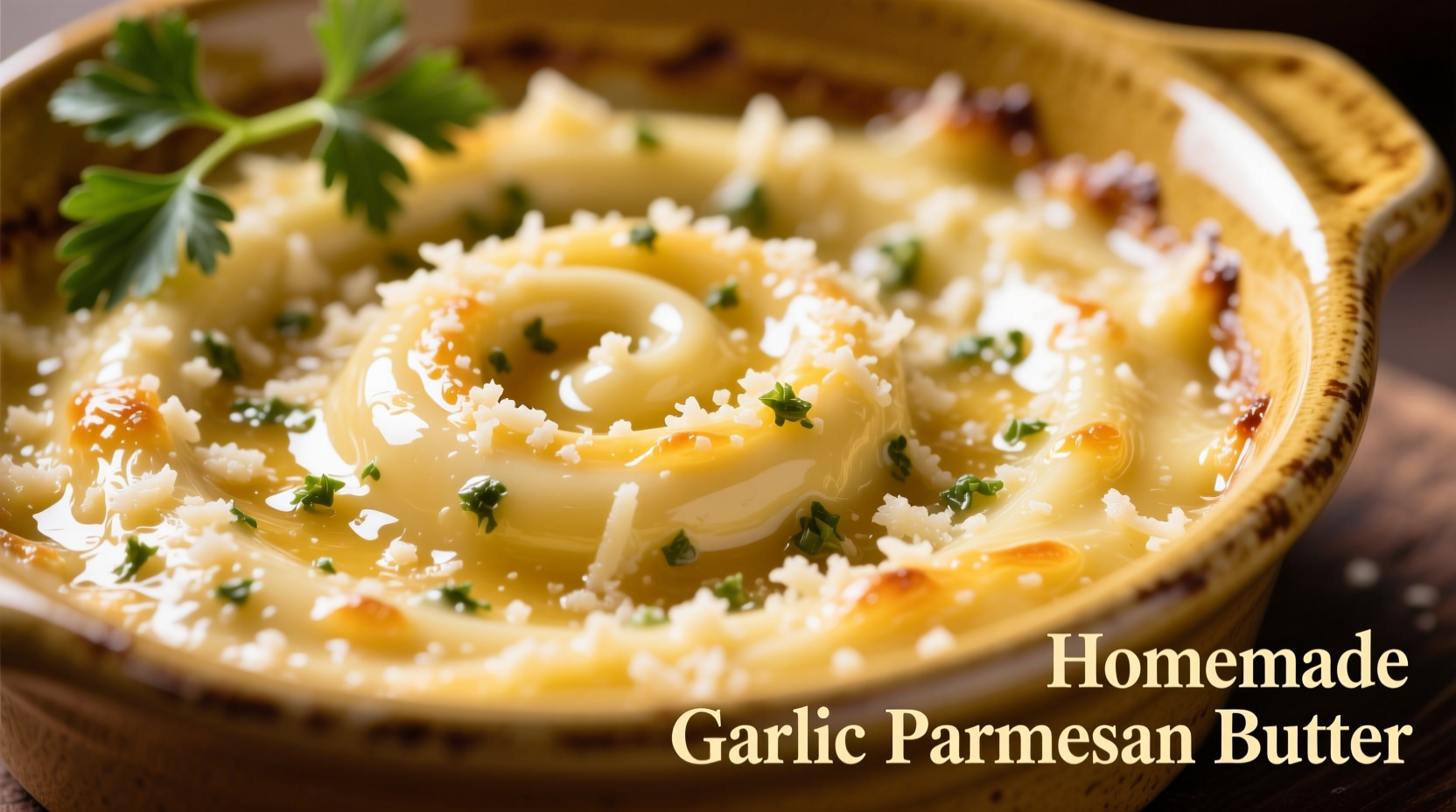 Homemade garlic parmesan butter swirl in golden dish