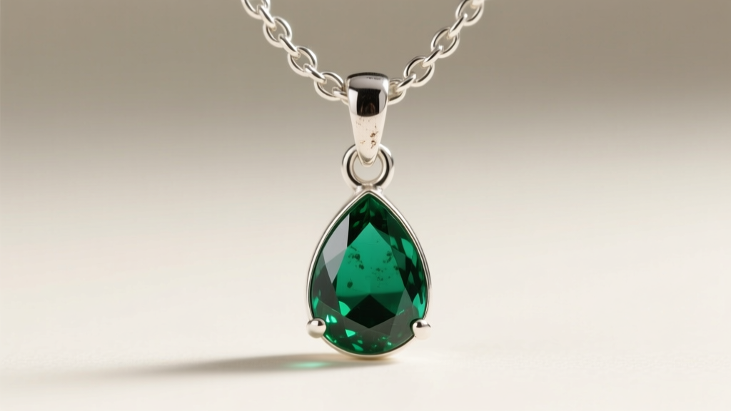 Detailed view of a 1.0mm sterling silver box chain threading through a small soldered jump ring on a teardrop gemstone pendant.