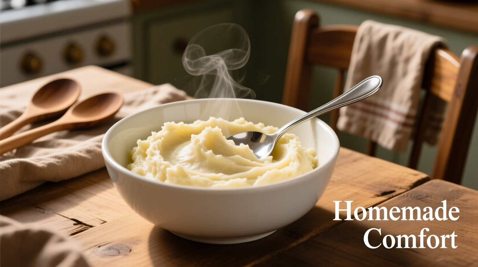 Creamy mashed potatoes in white bowl with spoon