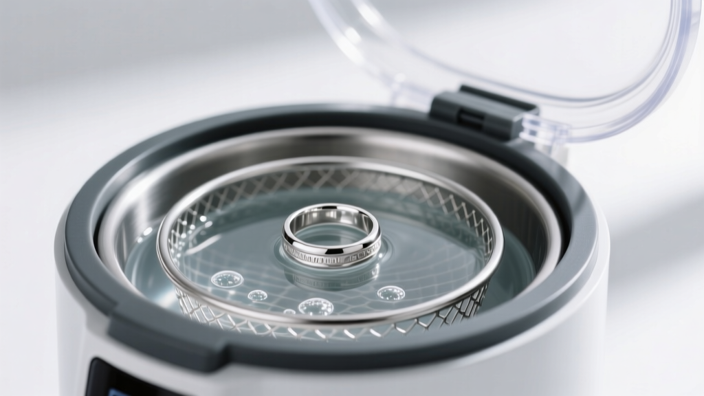 Ultrasonic cleaner with mild surfactant showing a rhodium-plated silver ring safely suspended in a stainless steel mesh basket.