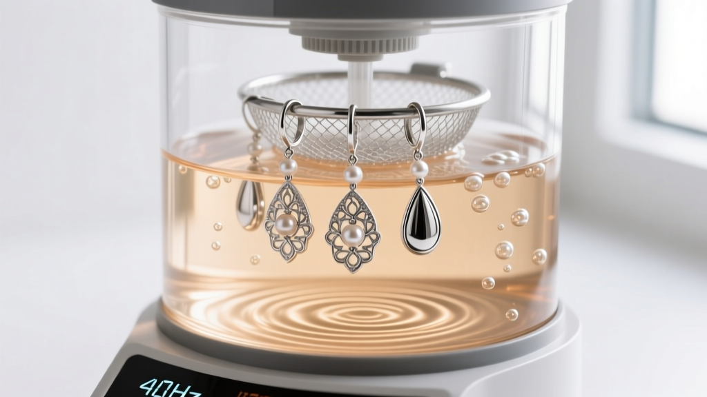 Digital ultrasonic cleaner at 40kHz, holding a mesh basket with intricate sterling silver drop earrings submerged in warm water.