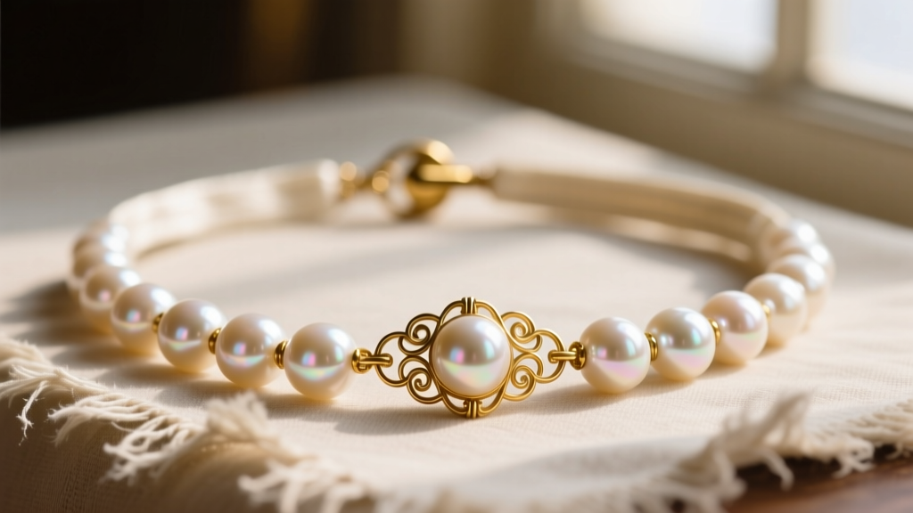 Detailed view of an Art Deco pearl necklace strung on fraying silk thread with traditional French wire guards near the gold clasp.