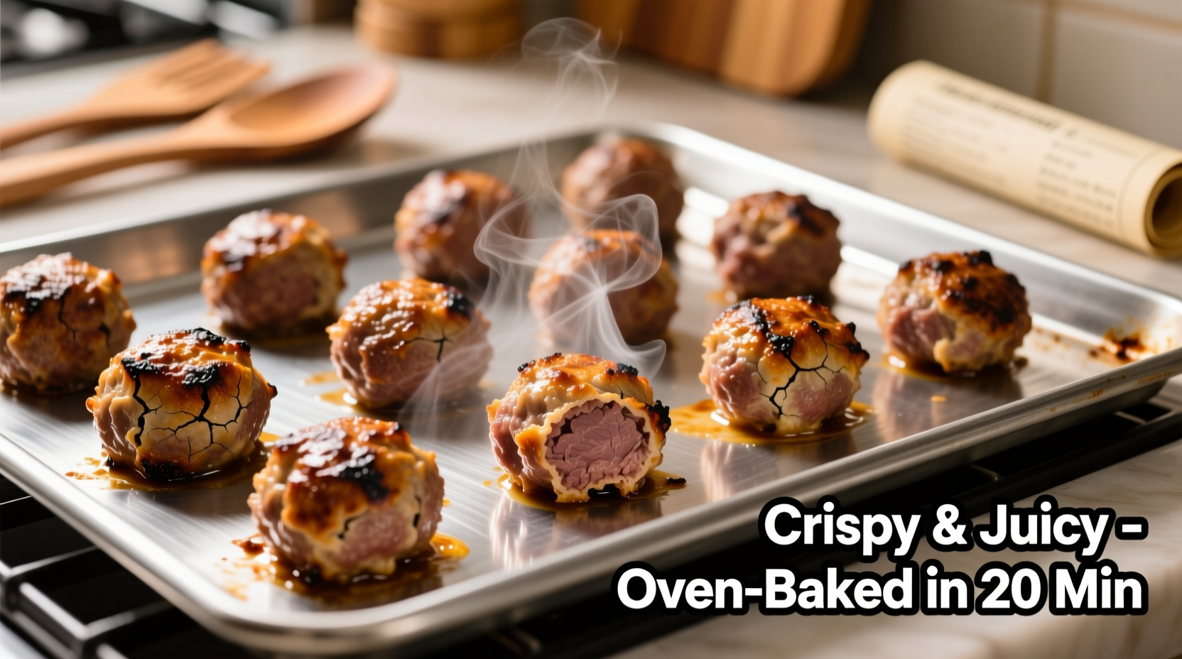 Oven-baked frozen meatballs on baking sheet