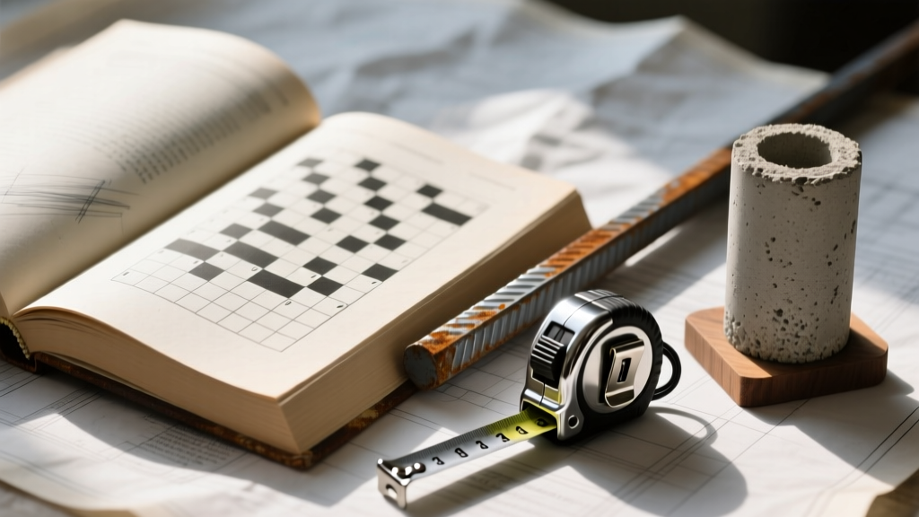 Close-up of a crossword puzzle book resting on a blueprint, with a steel tape measure, a piece of rebar, and a concrete core sample placed nearby