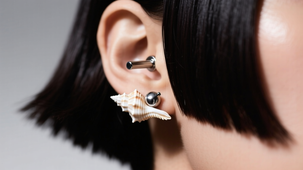 Macro shot of an 18-gauge titanium flat back labret sitting flush in a conch piercing, contrasting with a sleek dark bob haircut