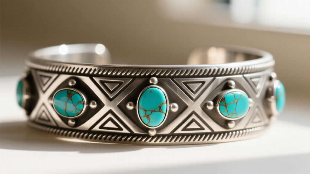 Macro photo of a heavy-gauge Navajo tufa-cast sterling silver bracelet featuring deep geometric stamp work and natural turquoise