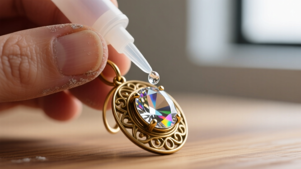 Macro shot of a jeweler applying a tiny drop of clear epoxy glue to a loose rhinestone on a vintage brass statement earring.