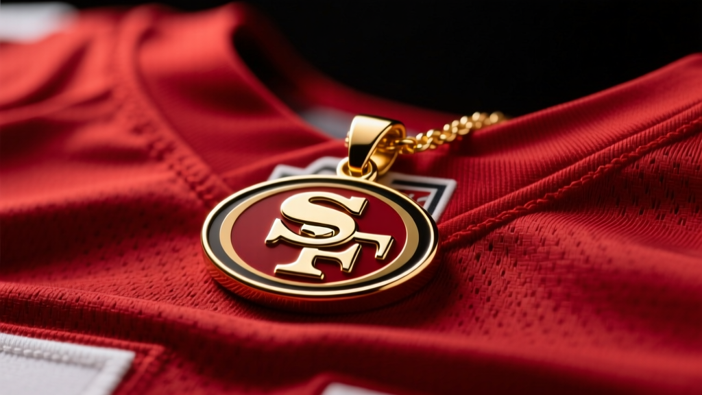 Close-up of a gold-plated stainless steel San Francisco 49ers logo pendant resting on a crimson red jersey, studio lighting