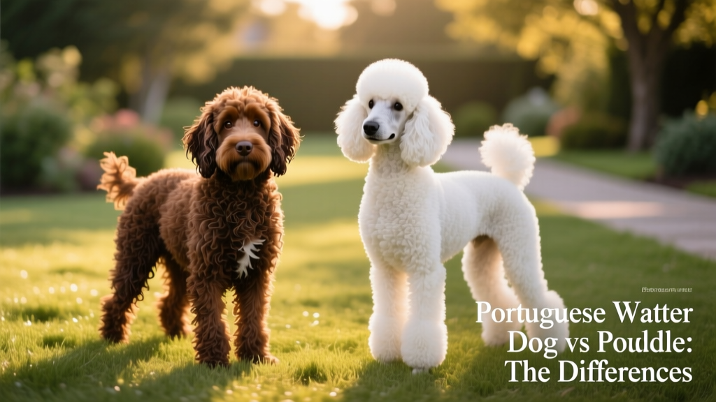 Side-by-side comparison of a Portuguese Water Dog and a standard Poodle standing on grass, highlighting their similar but distinct silhouettes and coat textures