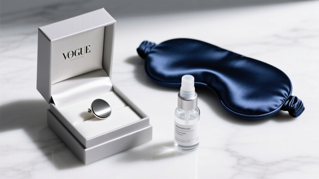 Gift box containing an ASTM F-136 titanium flat-back earring, sterile saline spray, and a silk sleep mask on a marble surface