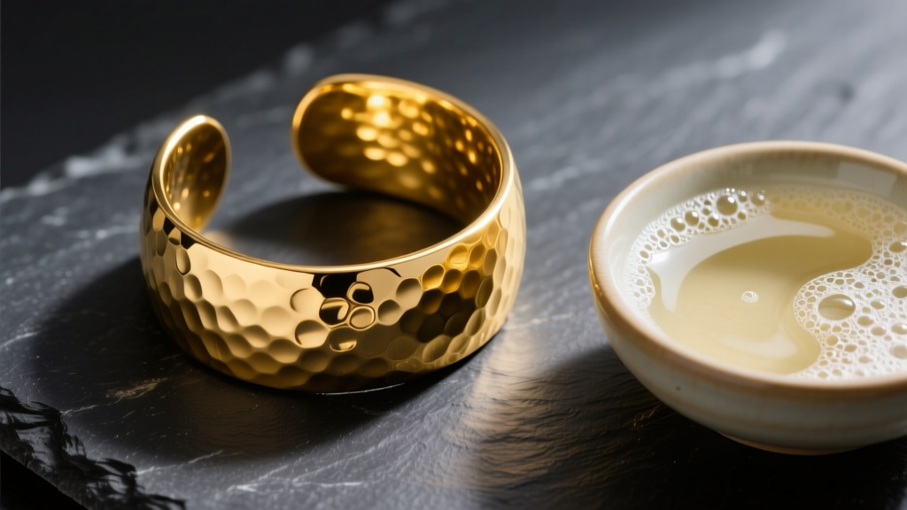 Overhead shot of a textured 18k yellow gold hammered cuff on dark slate next to a small bowl of mild soapy cleaning solution