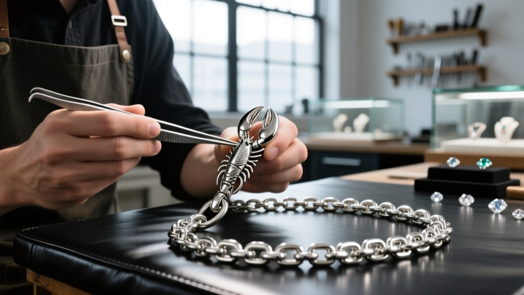 Jeweler using precision tweezers to inspect a heavy-duty lobster clasp on a thick sterling silver chain in a blurred workshop.