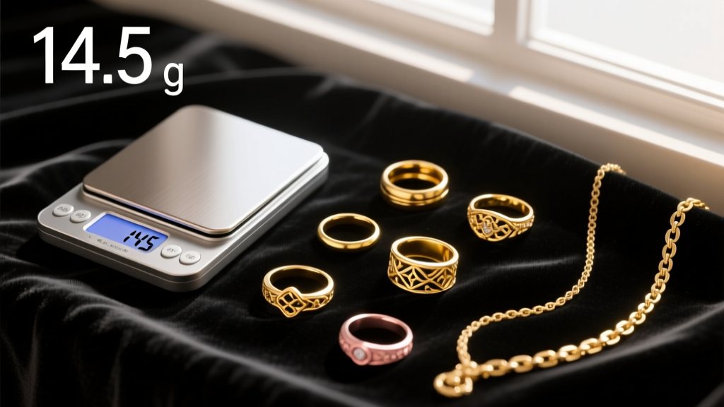 Overhead view of a digital jewelry scale showing 14.5 grams next to a pile of 14k and 18k gold rings and chains on dark velvet