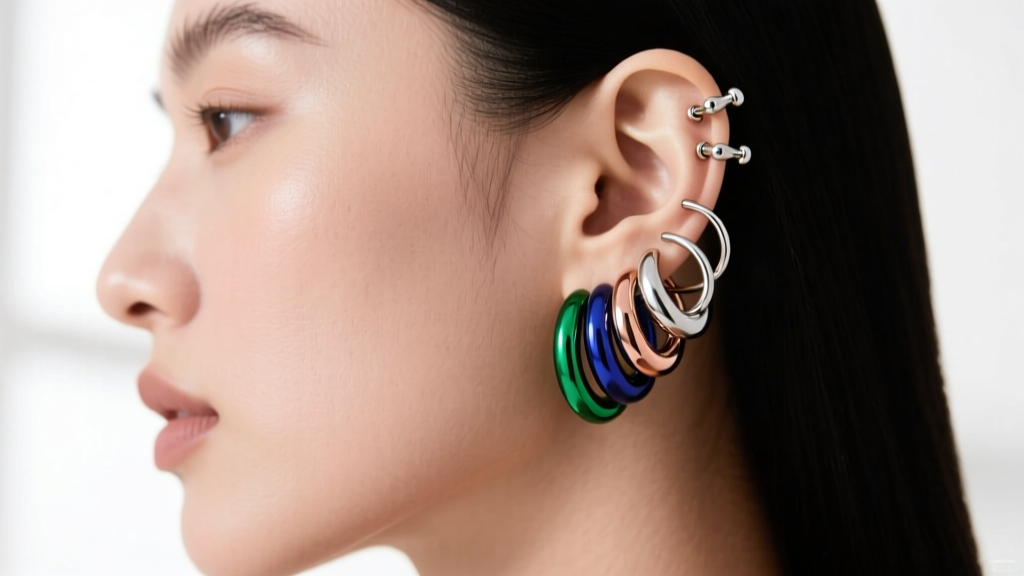 Side profile of a model ear showcasing a geometric stacking arrangement of 18-gauge huggies and threadless cartilage studs.