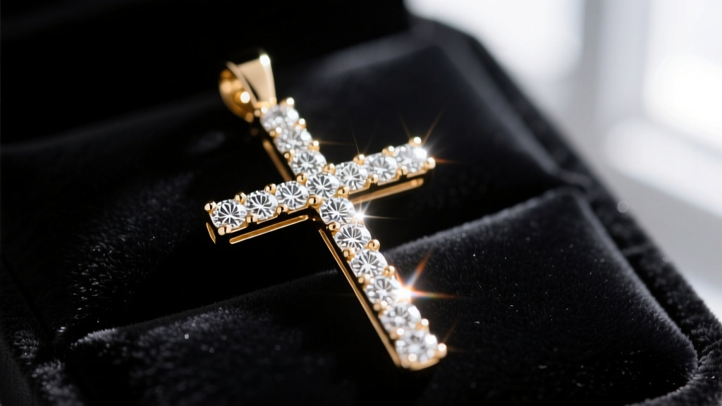 Macro shot of a white gold diamond cross pendant on dark velvet, showing the intricate pave setting and bright light reflections.