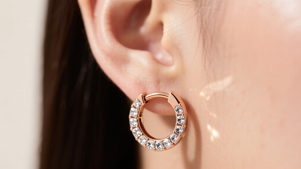 Macro shot of an ear wearing a Michael Kors rose-gold huggie earring with cubic zirconia accents in soft natural light