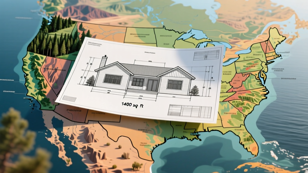 Blueprint of a 1400 sq ft ranch house overlaid on a US map highlighting diverse regional terrain, forests, and coastal zones