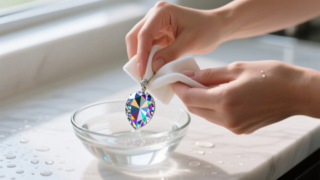 Hands cleaning a crystal Disney Enchanted pendant with a soft microfiber cloth and mild soapy water in a small glass bowl.