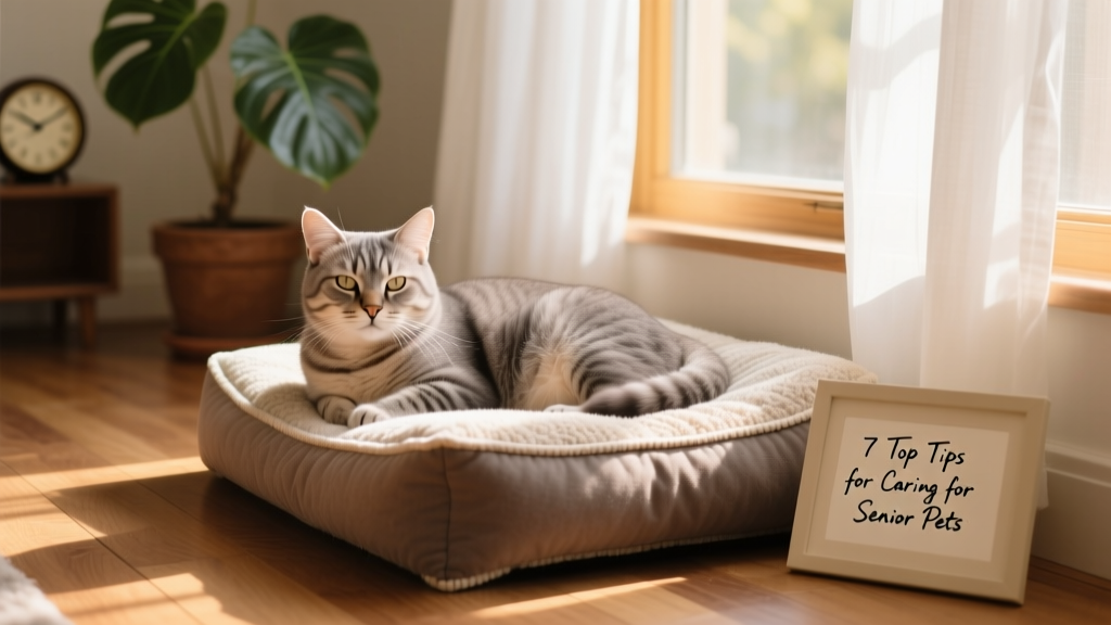 A senior cat resting peacefully on a plush, elevated pet bed beside a sunlit window