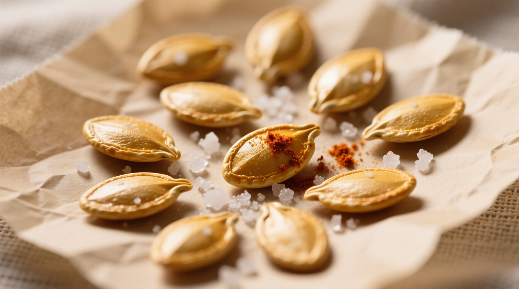 Golden baked pumpkin seeds on parchment paper