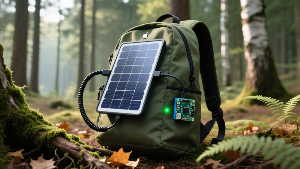 A 10-watt flexible solar panel mounted on a backpack routing a cable to a portable Pi networking node in a forest.