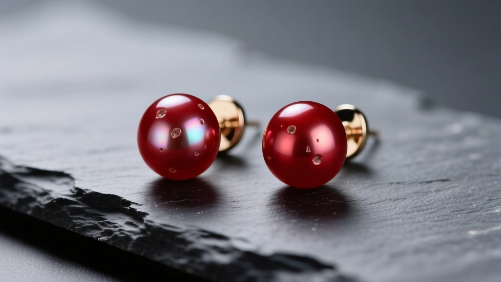 Macro shot of red pearl stud earrings on dark slate, showing deep crimson luster and surface blemishes in soft studio lighting.