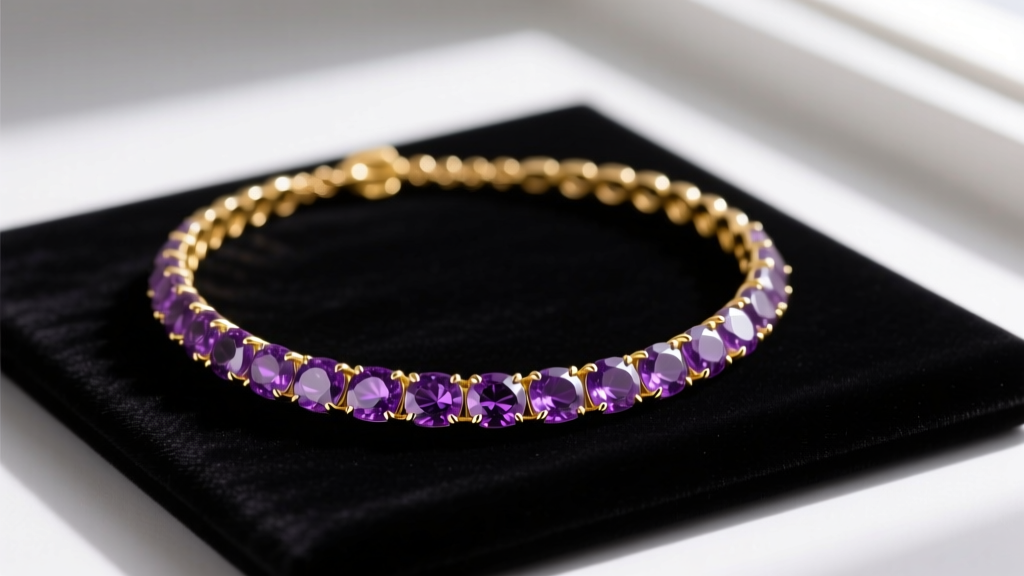 Close-up of a 14k yellow gold amethyst tennis necklace with deep purple Siberian stones resting on a dark velvet display pad.