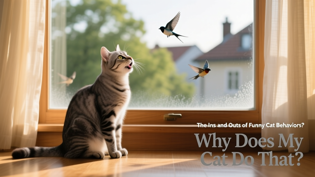 A cat sitting upright by a window, mouth slightly open, eyes locked on birds outside