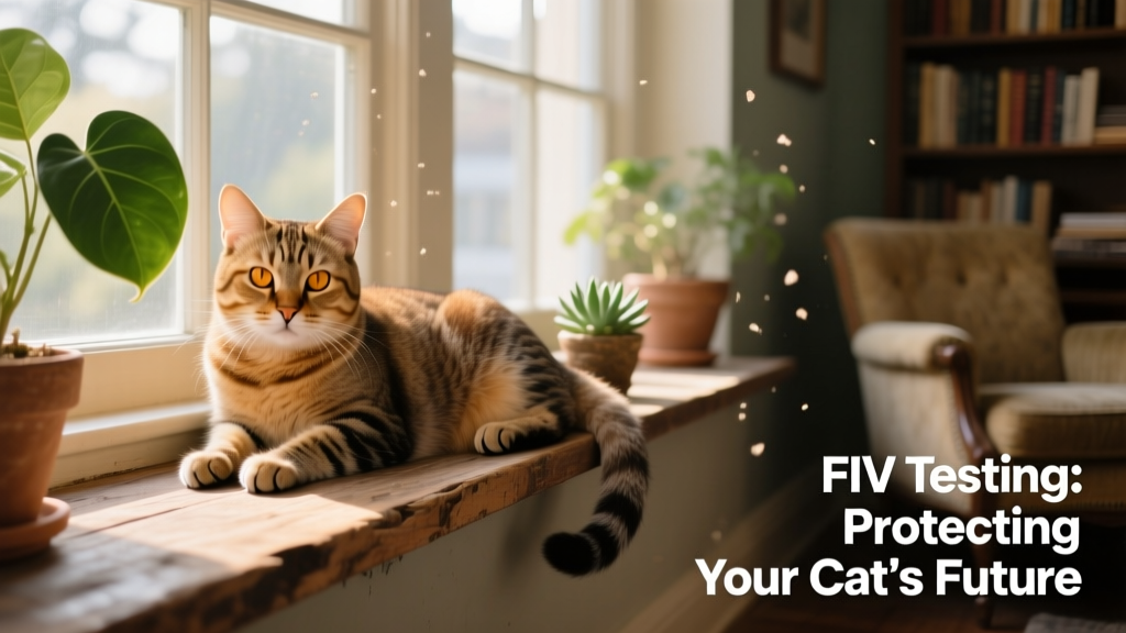 Serene indoor setting with an older, healthy-looking tabby cat resting peacefully on a sunlit windowsill