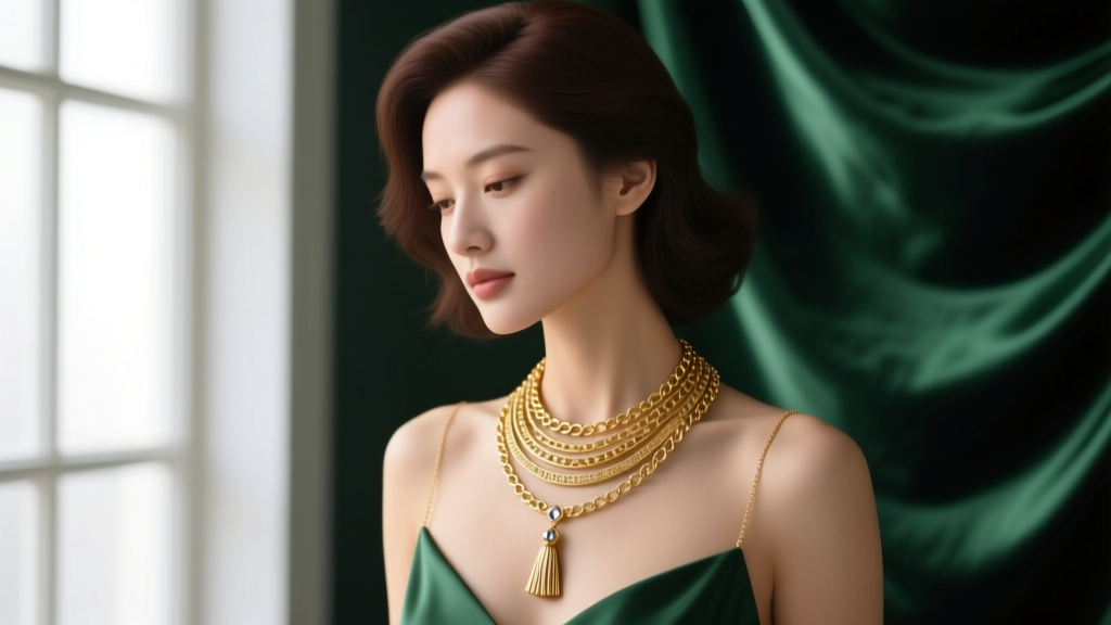 Elegant woman wearing a layered 18k gold sautoir necklace with a detachable tassel pendant against a dark emerald silk background.