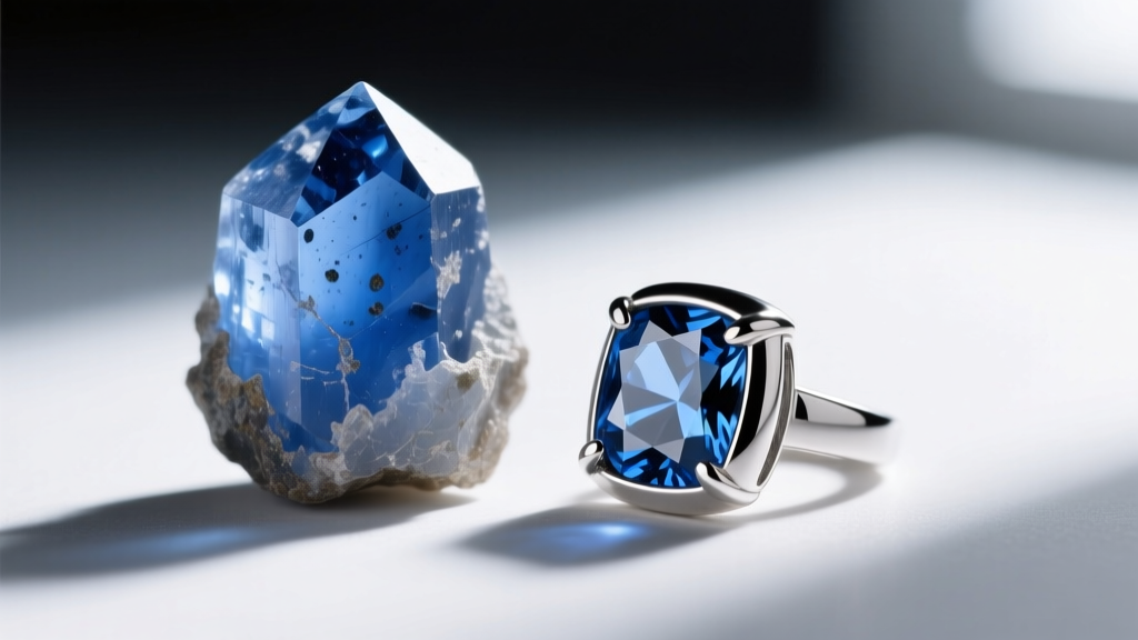 Macro shot of a raw Yogo sapphire crystal beside a finished platinum bezel-set earring, highlighting the deep natural cornflower hue.