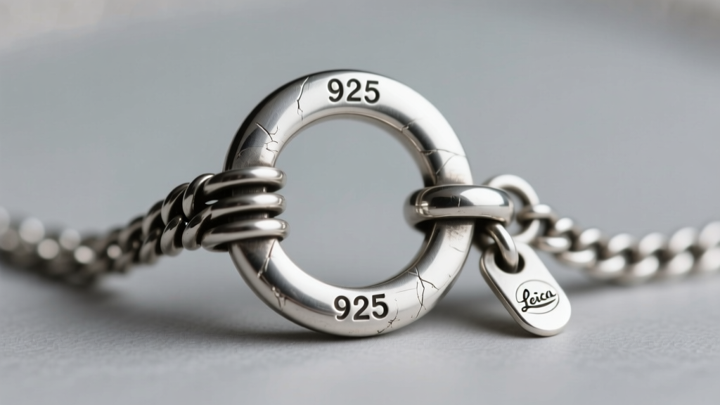 Macro shot of a 90s silver necklace spring ring clasp showing the faint 925 and maker hallmark stamp on the small metal tag.
