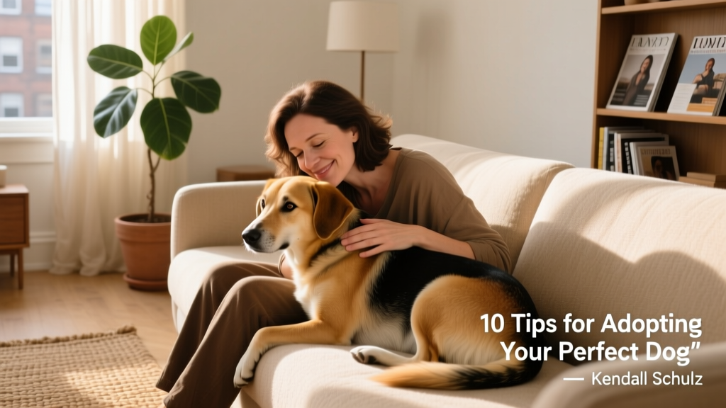 A person sitting on a couch gently cuddling a calm, medium-sized mixed-breed dog