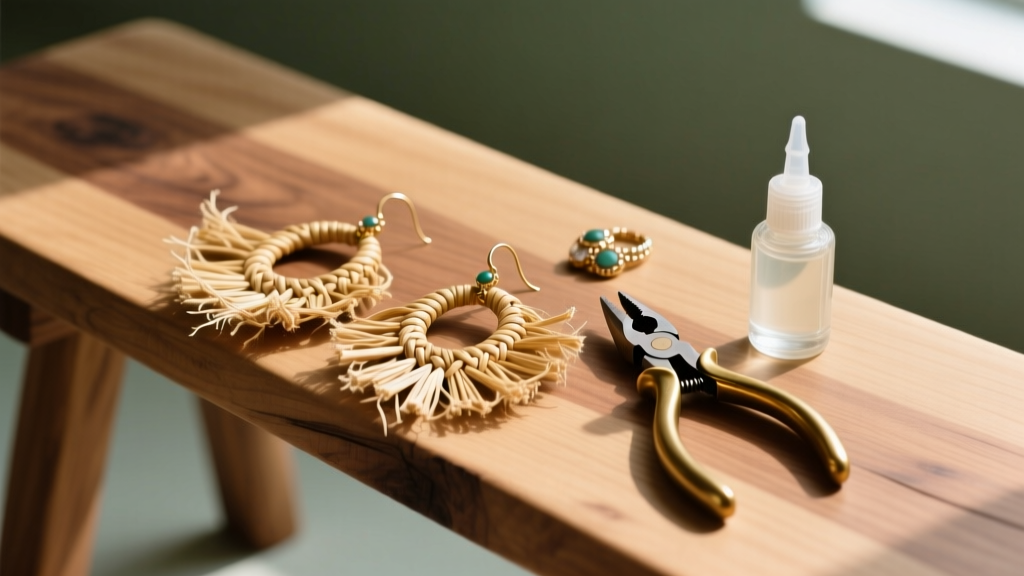 Fraying woven raffia straw earrings on a wood bench beside jewelry pliers and a small bottle of clear polyurethane sealant.