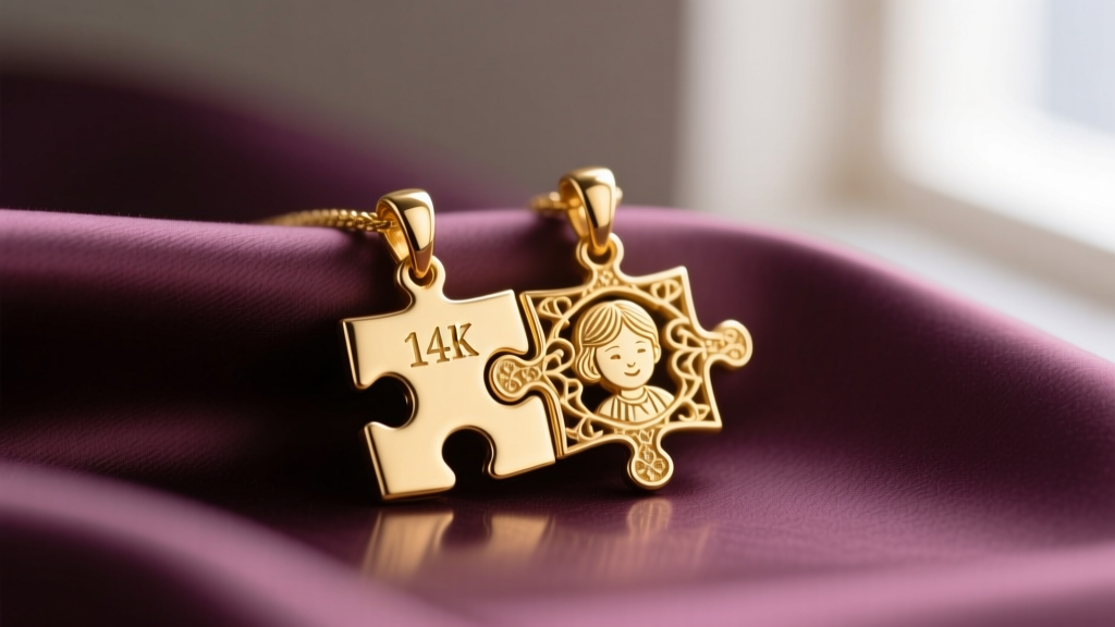 Close-up of two interlocking 14k gold puzzle pendants on silk, scaled for mother and daughter, lit by soft natural window light