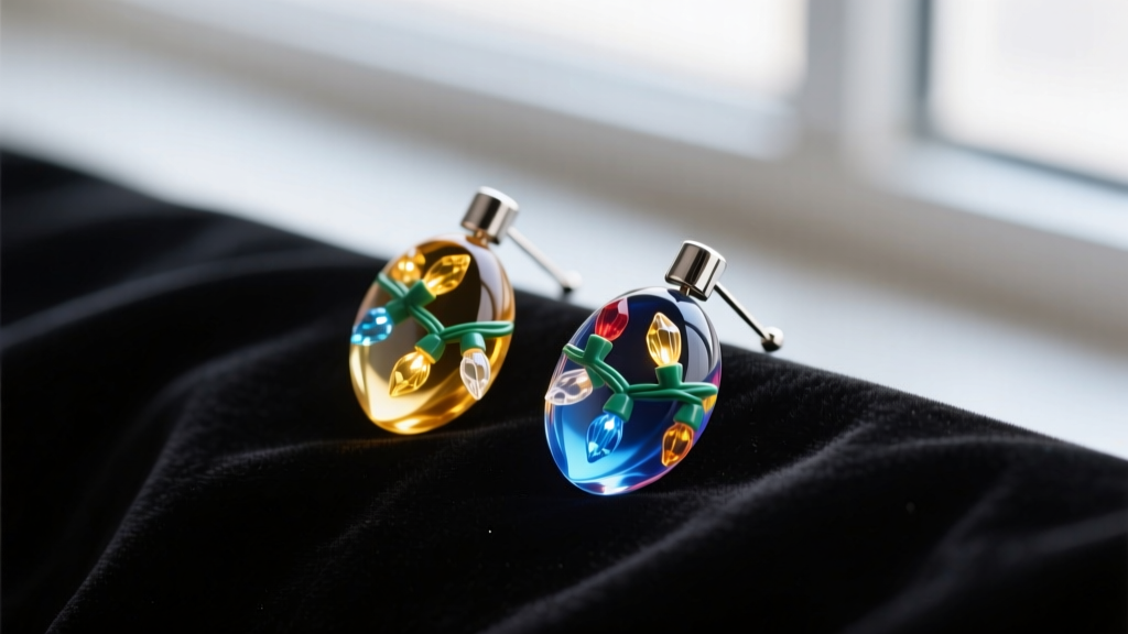 Colorful resin christmas light earrings on dark velvet, showing glossy finish and 20-gauge steel posts in soft light