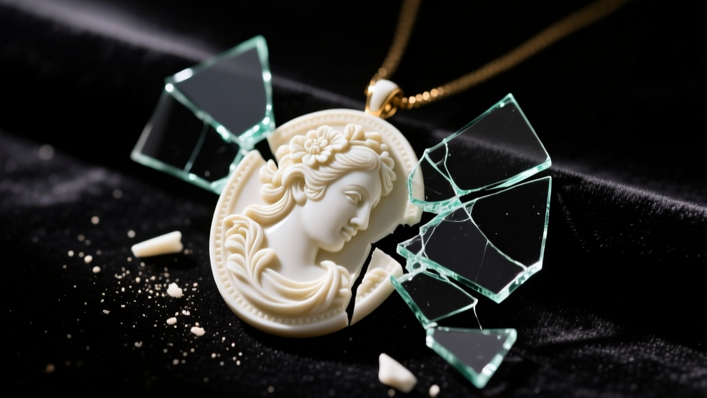 Close-up of a shattered vintage porcelain cameo pendant on a dark velvet jeweler