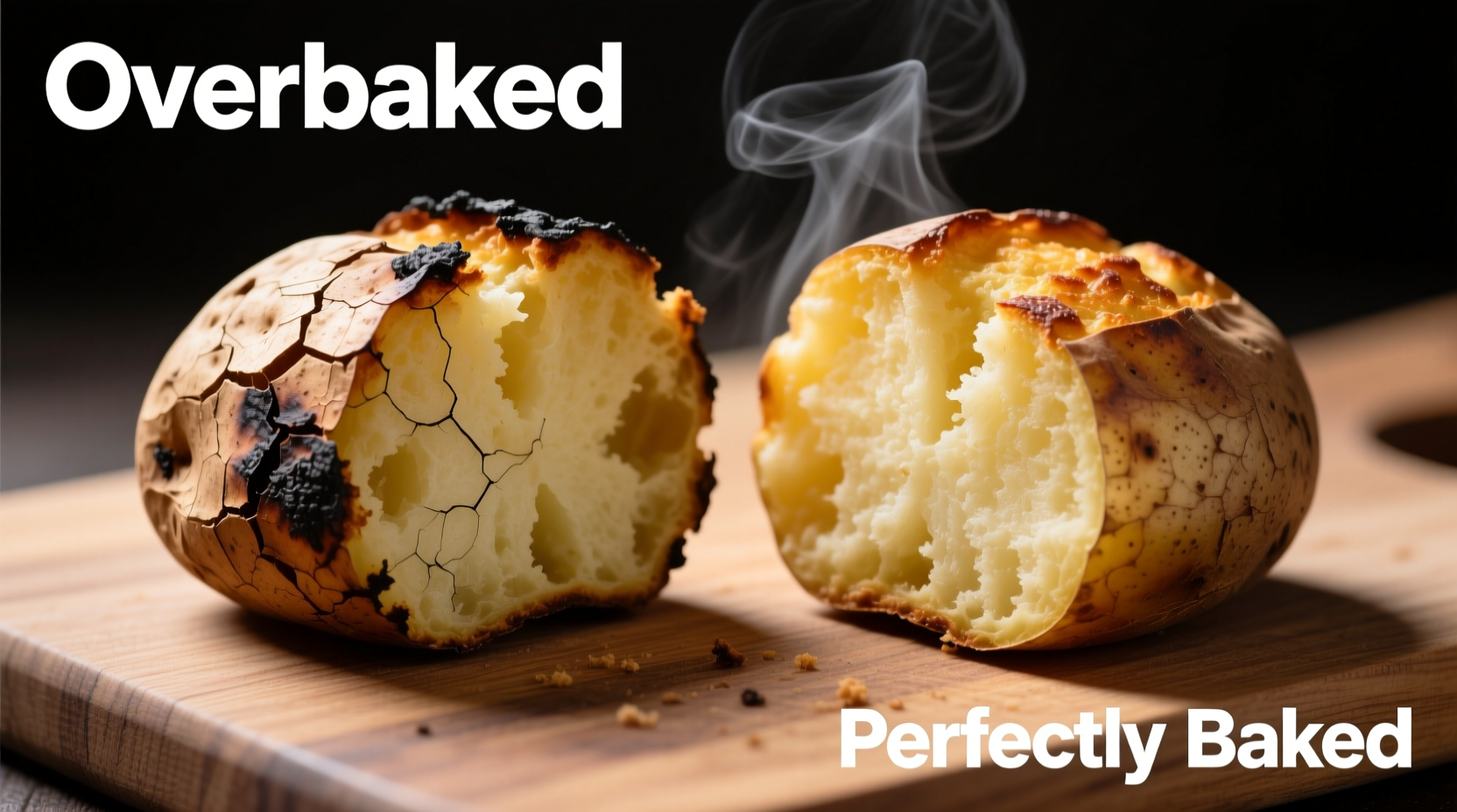 Overbaked versus perfectly baked potato cross-section comparison
