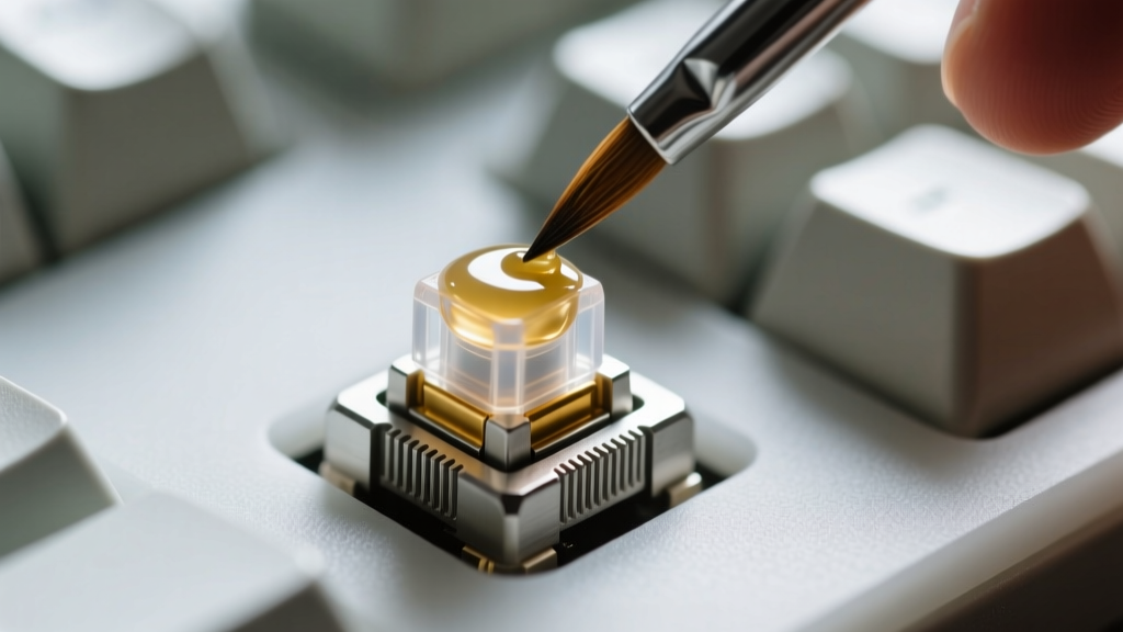 Close-up macro shot of a mechanical keyboard switch being hand-lubed with Krytox 205g0 using a fine-tipped brush on a silicone mat