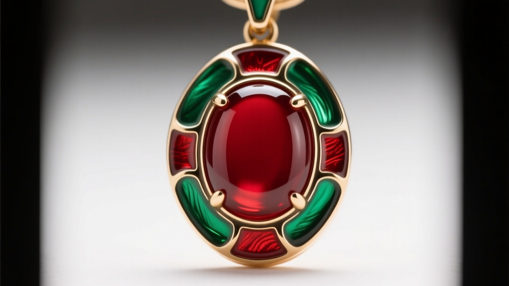Macro close-up of a champlevé enamel pendant showing carved metal troughs filled with opaque crimson and emerald vitreous glass