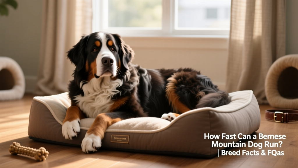 A senior Bernese Mountain Dog resting peacefully on a supportive orthopedic dog bed