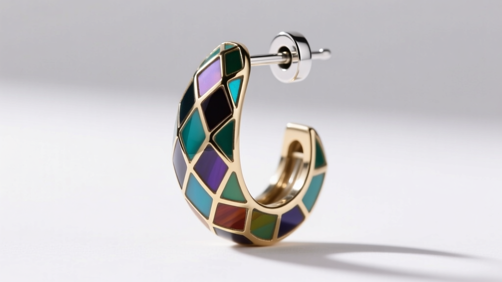 Side profile of heavy mosaic dangle earring showing reinforced 18-gauge sterling silver post and a secure silicone friction back