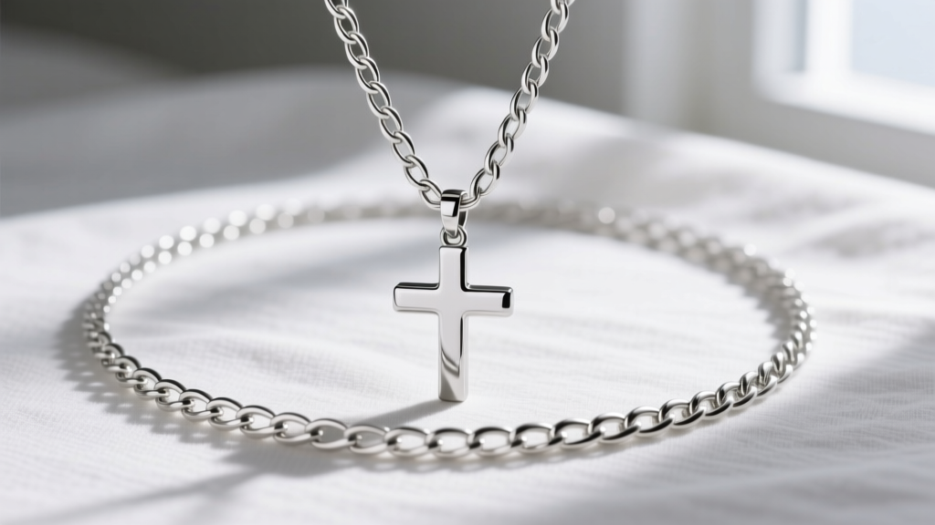 Close-up of a minimalist 18-inch sterling silver box chain holding a polished 15mm simple silver cross necklace on white linen