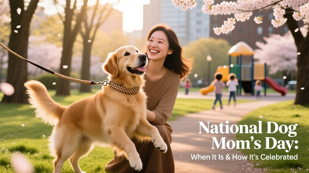 A joyful woman smiling beside her happy, leashed dog in a sunlit park