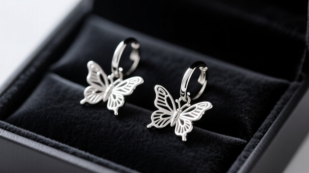 Macro shot of 14mm 925 sterling silver huggie earrings with delicate butterfly charms resting on a dark velvet gift box lining.