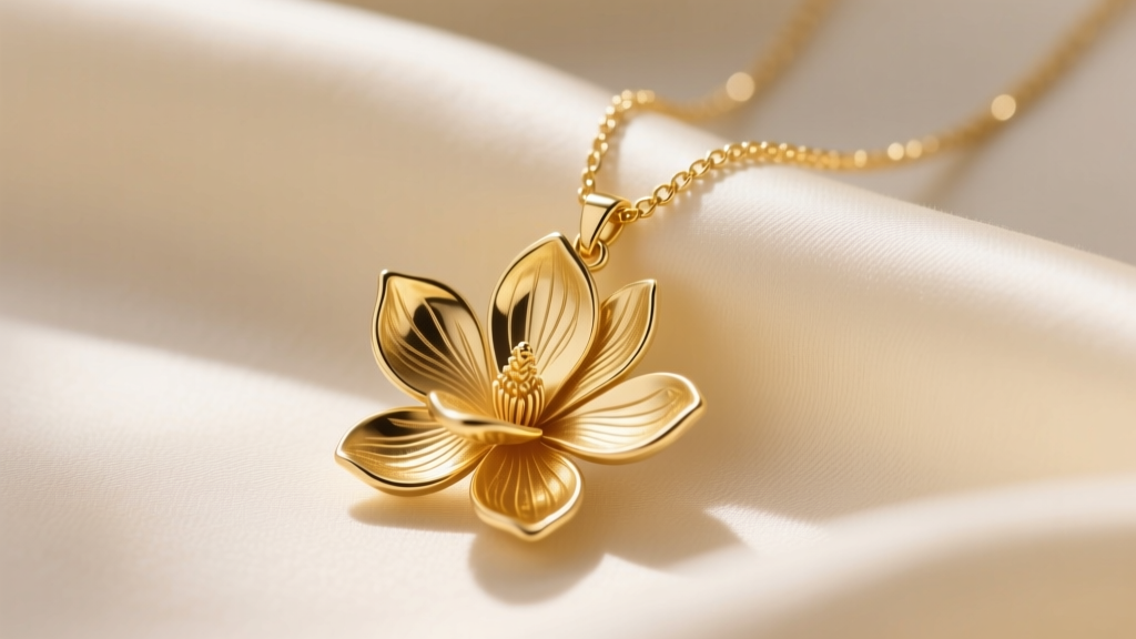 Gold vermeil magnolia pendant on cream silk, soft light highlighting intricate floral petal engraving and a delicate 16-inch chain