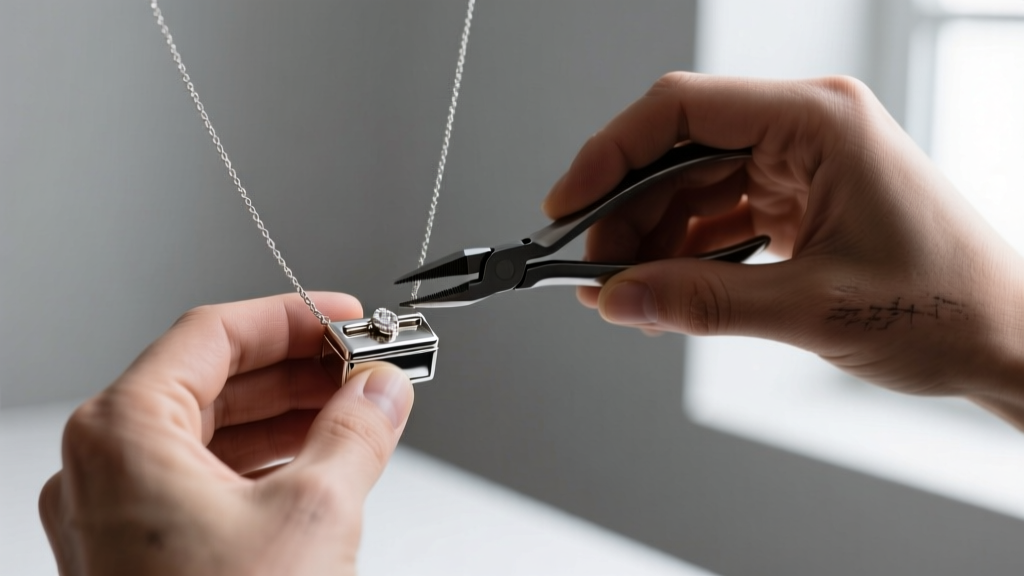 Jeweler using pliers to bend the metal tongue of a silver box clasp necklace, restoring tension to securely fasten the piece.