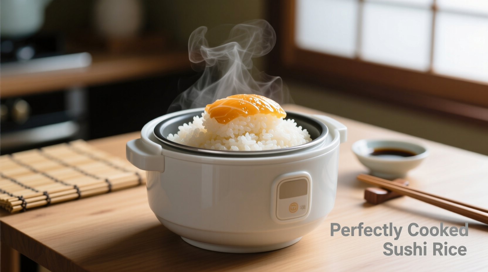Perfectly cooked sushi rice in rice cooker bowl